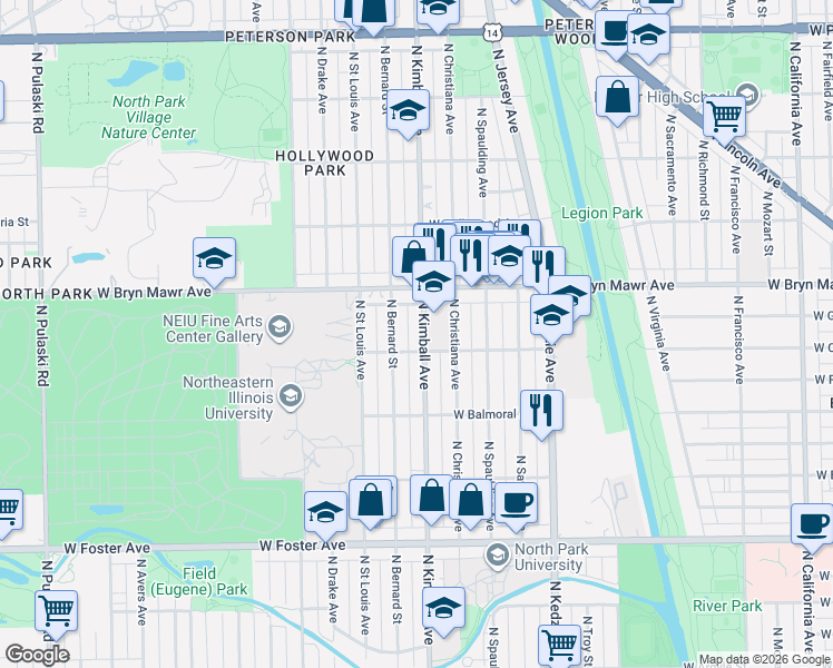 map of restaurants, bars, coffee shops, grocery stores, and more near 5526 North Kimball Avenue in Chicago