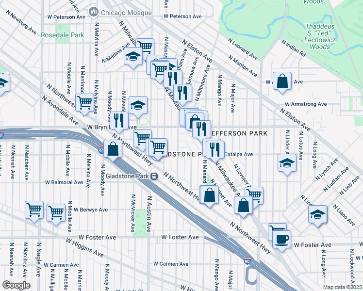map of restaurants, bars, coffee shops, grocery stores, and more near 5531 North Marmora Avenue in Chicago