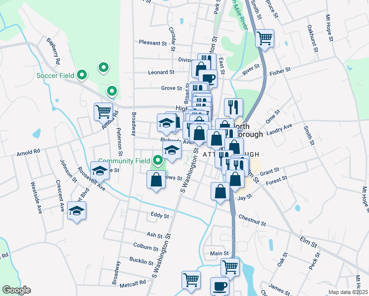 map of restaurants, bars, coffee shops, grocery stores, and more near 19 Bank Street in North Attleborough