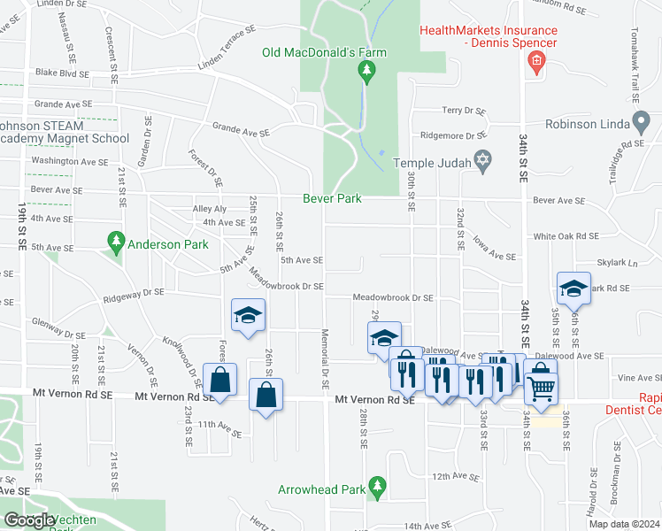map of restaurants, bars, coffee shops, grocery stores, and more near 506 Memorial Drive Southeast in Cedar Rapids