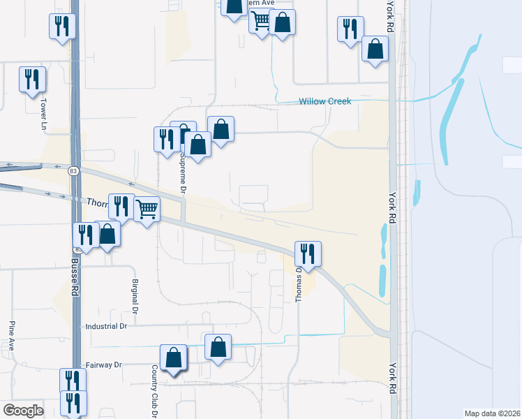 map of restaurants, bars, coffee shops, grocery stores, and more near 850 Thomas Drive in Bensenville
