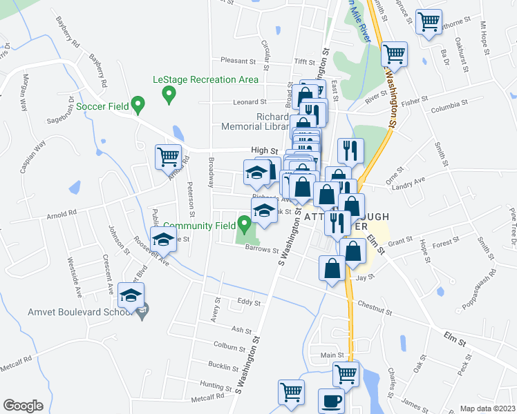 map of restaurants, bars, coffee shops, grocery stores, and more near 6 Morse Street in North Attleborough