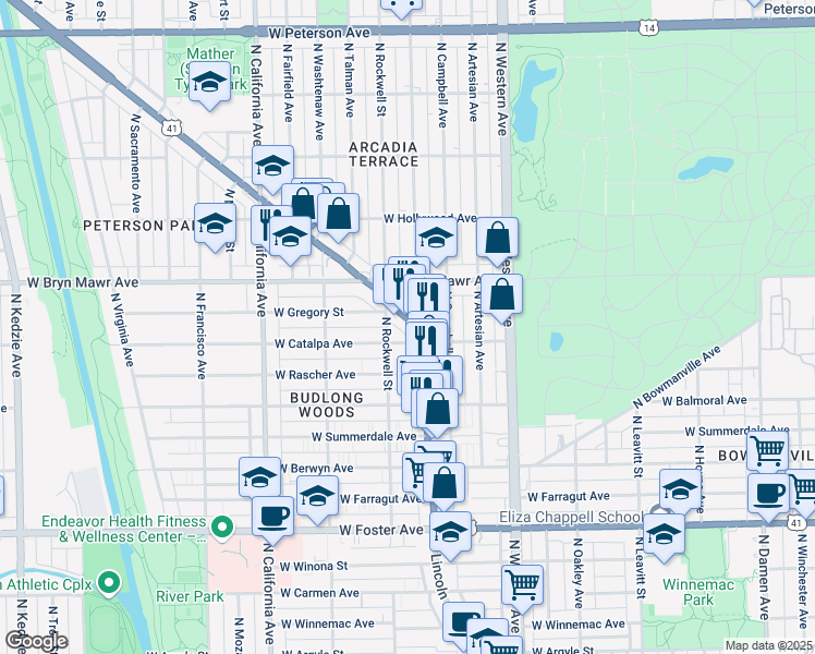 map of restaurants, bars, coffee shops, grocery stores, and more near 5523 North Maplewood Avenue in Chicago