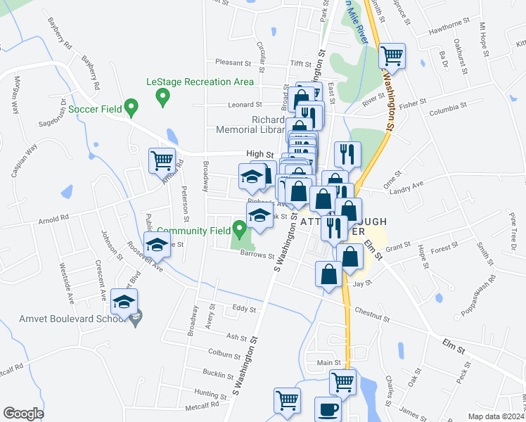 map of restaurants, bars, coffee shops, grocery stores, and more near 24 Richards Avenue in North Attleborough