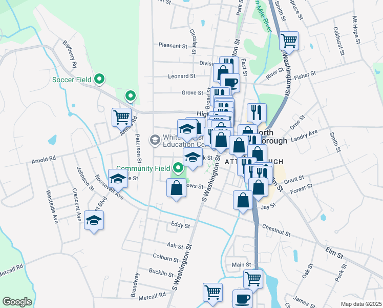 map of restaurants, bars, coffee shops, grocery stores, and more near 6 Morse Street in North Attleborough