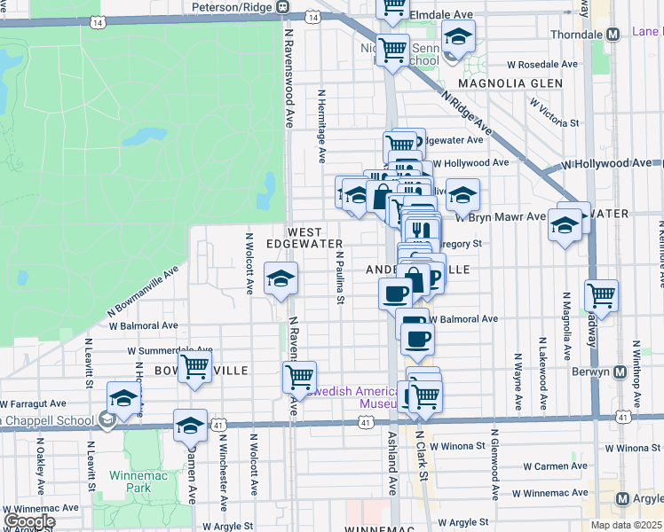 map of restaurants, bars, coffee shops, grocery stores, and more near 5511 North Paulina Street in Chicago