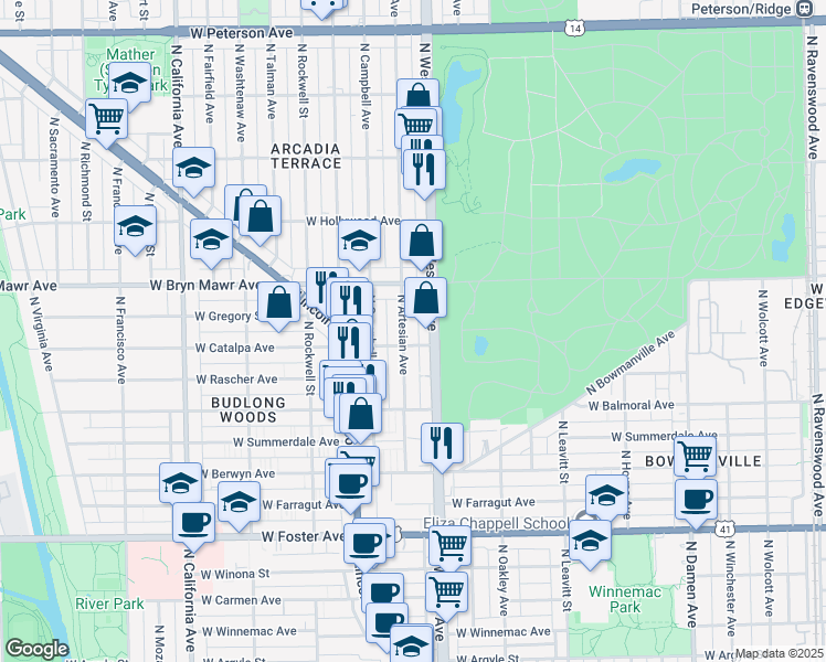 map of restaurants, bars, coffee shops, grocery stores, and more near 5514 North Western Avenue in Chicago