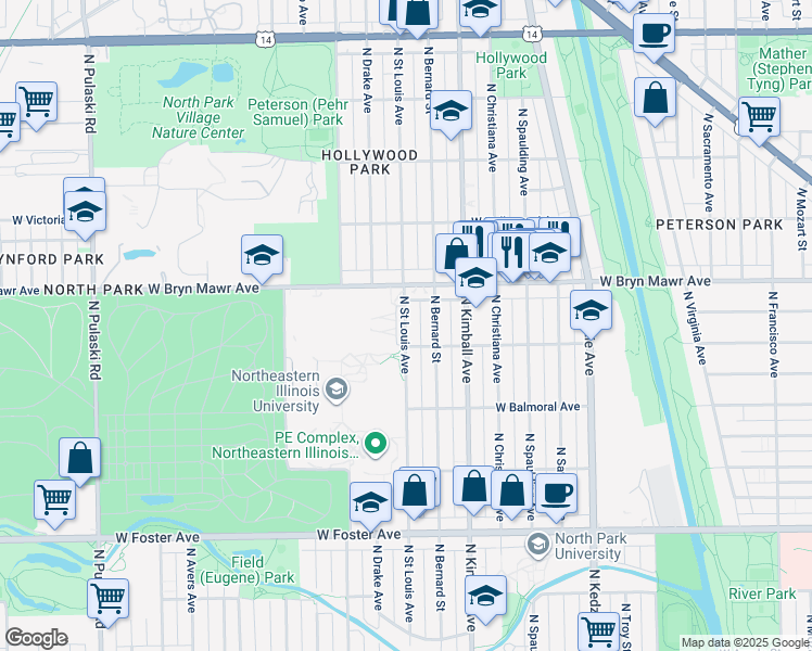 map of restaurants, bars, coffee shops, grocery stores, and more near 5524 North Bernard Street in Chicago