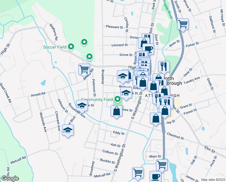 map of restaurants, bars, coffee shops, grocery stores, and more near 85 Bank Street in North Attleborough