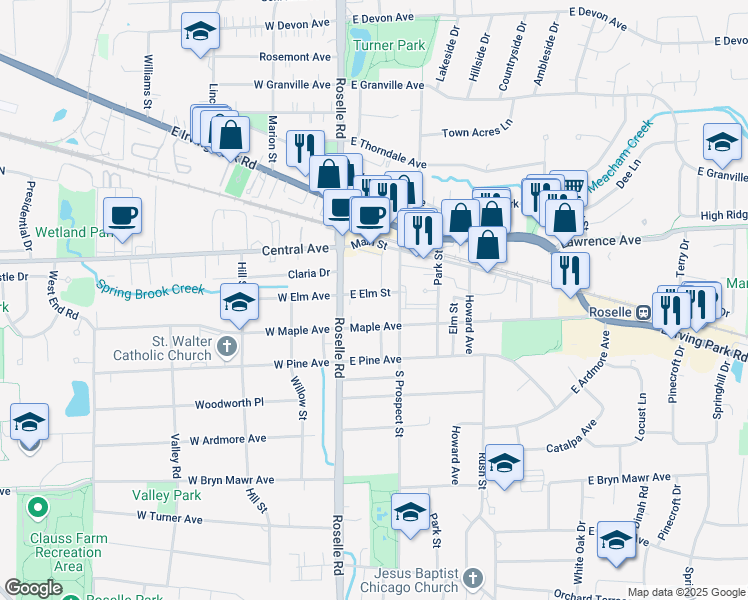 map of restaurants, bars, coffee shops, grocery stores, and more near 31 East Elm Street in Roselle