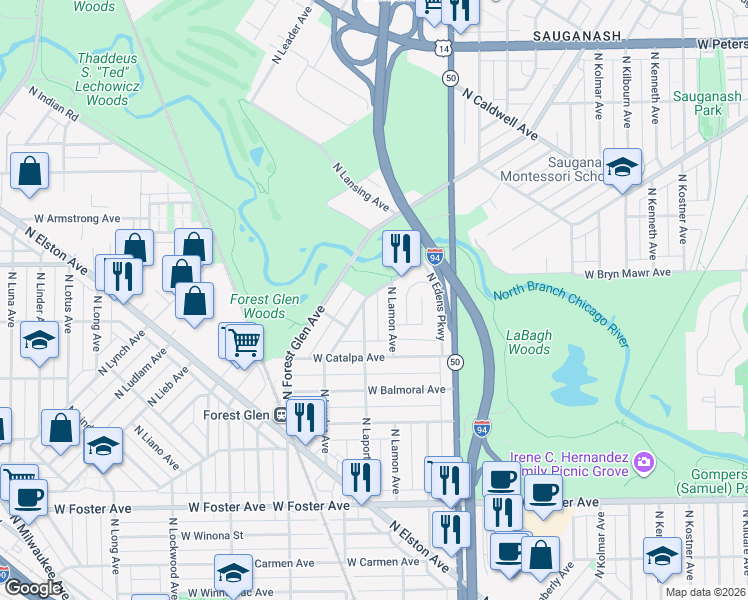 map of restaurants, bars, coffee shops, grocery stores, and more near 5485 North Lawler Avenue in Chicago
