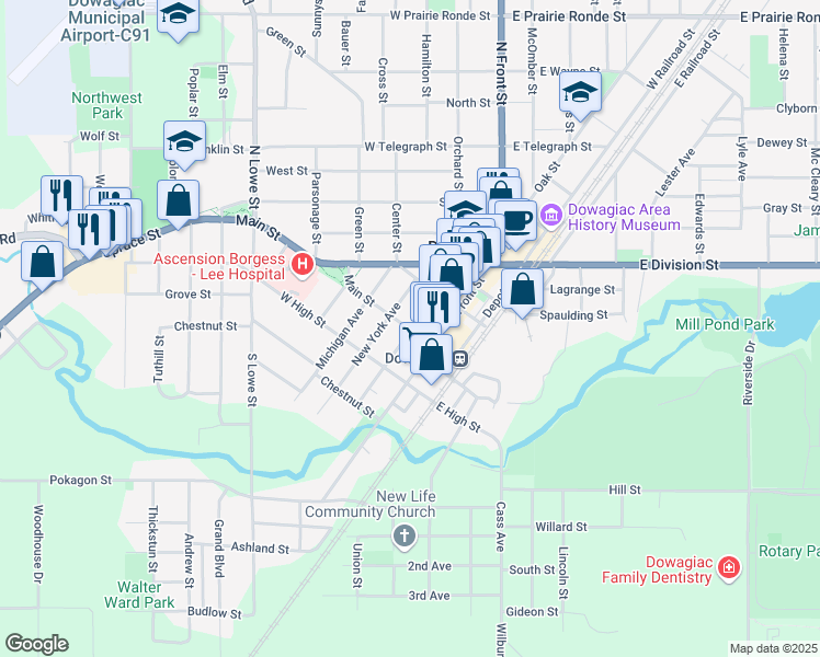map of restaurants, bars, coffee shops, grocery stores, and more near 206 Main Street in Dowagiac