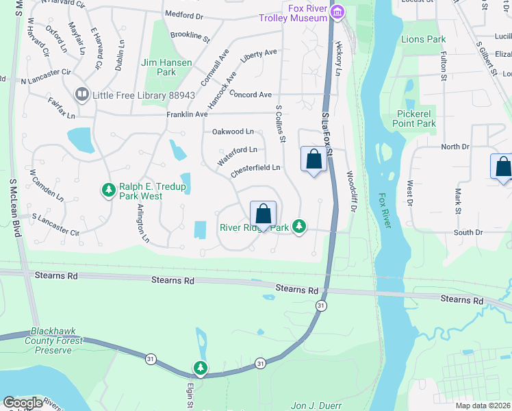 map of restaurants, bars, coffee shops, grocery stores, and more near 7 Warwick Court in South Elgin