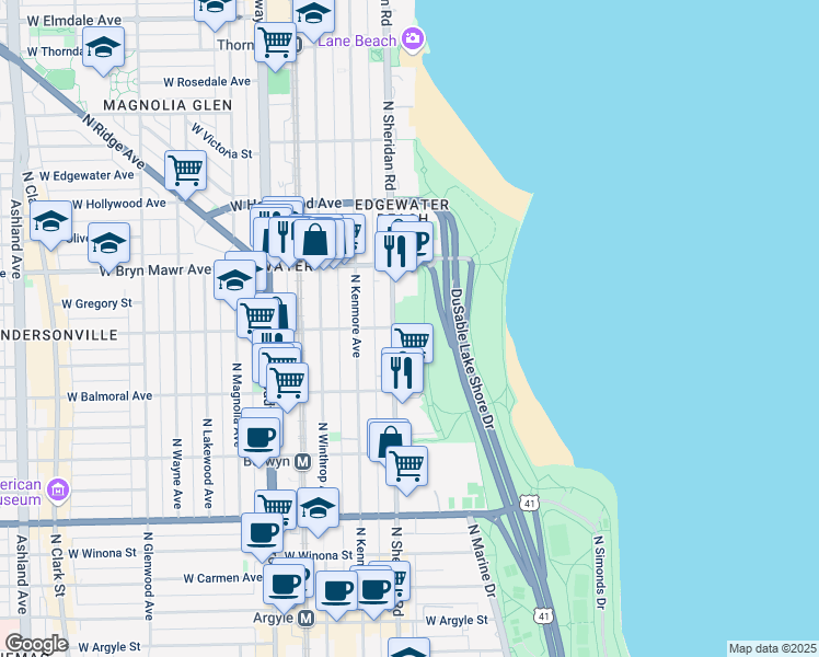 map of restaurants, bars, coffee shops, grocery stores, and more near 5539 North Sheridan Road in Chicago