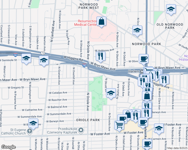 map of restaurants, bars, coffee shops, grocery stores, and more near 7534 West Bryn Mawr Avenue in Chicago