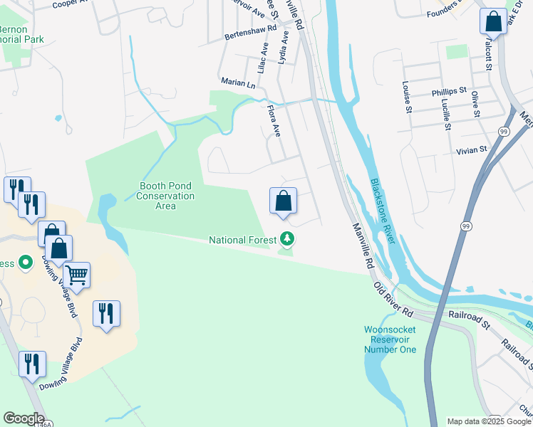 map of restaurants, bars, coffee shops, grocery stores, and more near 177 Bluestone Drive in Woonsocket