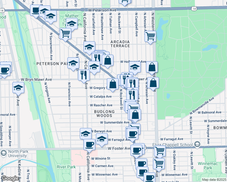 map of restaurants, bars, coffee shops, grocery stores, and more near 2645 West Gregory Street in Chicago