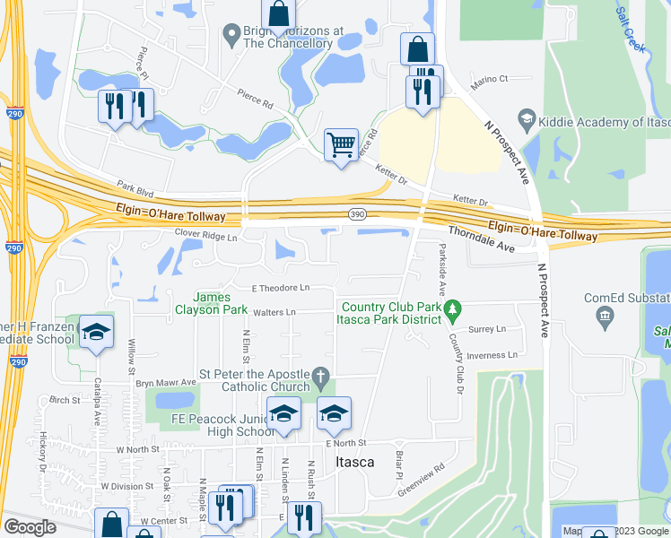 map of restaurants, bars, coffee shops, grocery stores, and more near 406 East Tall Oaks Lane in Itasca