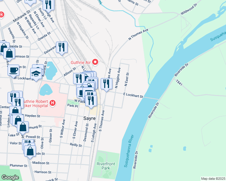 map of restaurants, bars, coffee shops, grocery stores, and more near 93-111 North Higgins Avenue in Sayre