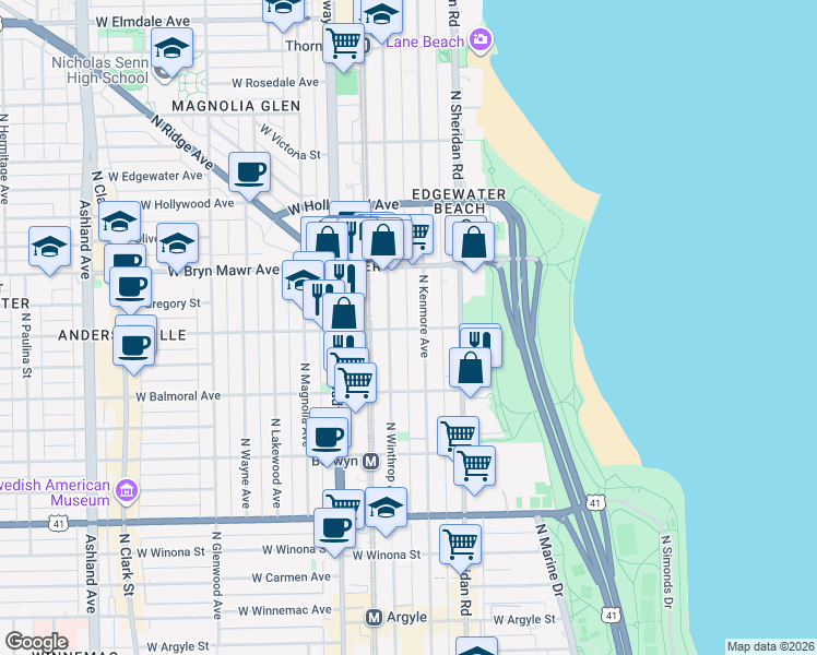 map of restaurants, bars, coffee shops, grocery stores, and more near in Chicago