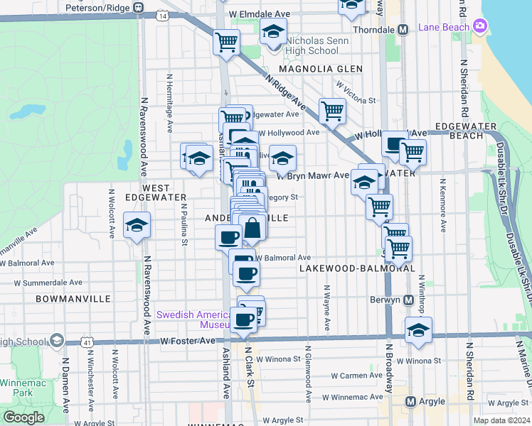 map of restaurants, bars, coffee shops, grocery stores, and more near 1464 West Catalpa Avenue in Chicago
