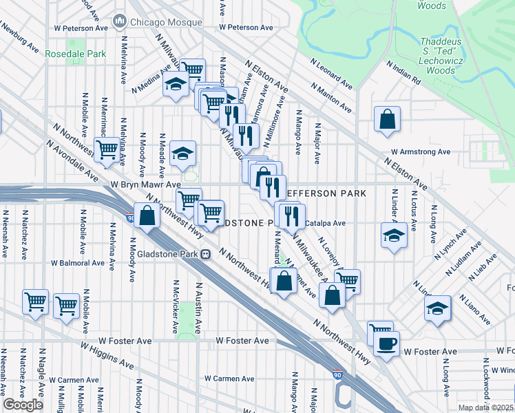map of restaurants, bars, coffee shops, grocery stores, and more near 5522 North Milwaukee Avenue in Chicago