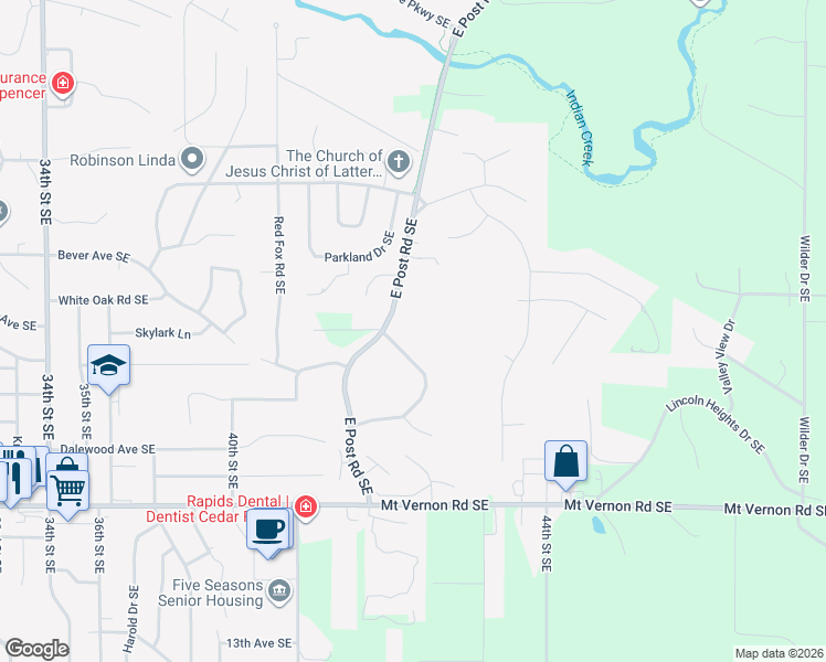 map of restaurants, bars, coffee shops, grocery stores, and more near 394 East Post Rd SE in Cedar Rapids