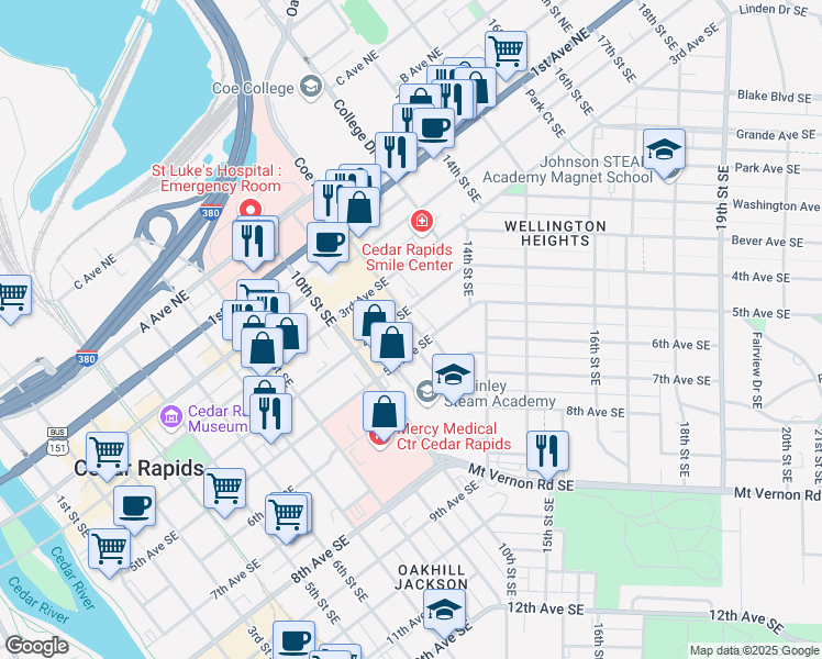 map of restaurants, bars, coffee shops, grocery stores, and more near 414 12th Street Southeast in Cedar Rapids
