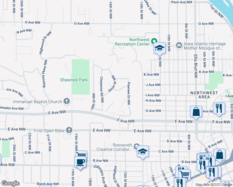 map of restaurants, bars, coffee shops, grocery stores, and more near 1013 Sioux Drive Northwest in Cedar Rapids