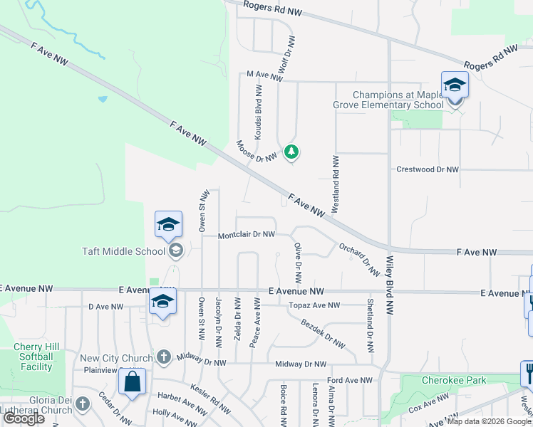 map of restaurants, bars, coffee shops, grocery stores, and more near 4800 Fruitwood Lane Northwest in Cedar Rapids