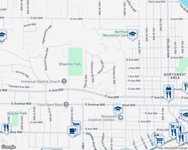 map of restaurants, bars, coffee shops, grocery stores, and more near 1001 Cheyenne Road Northwest in Cedar Rapids