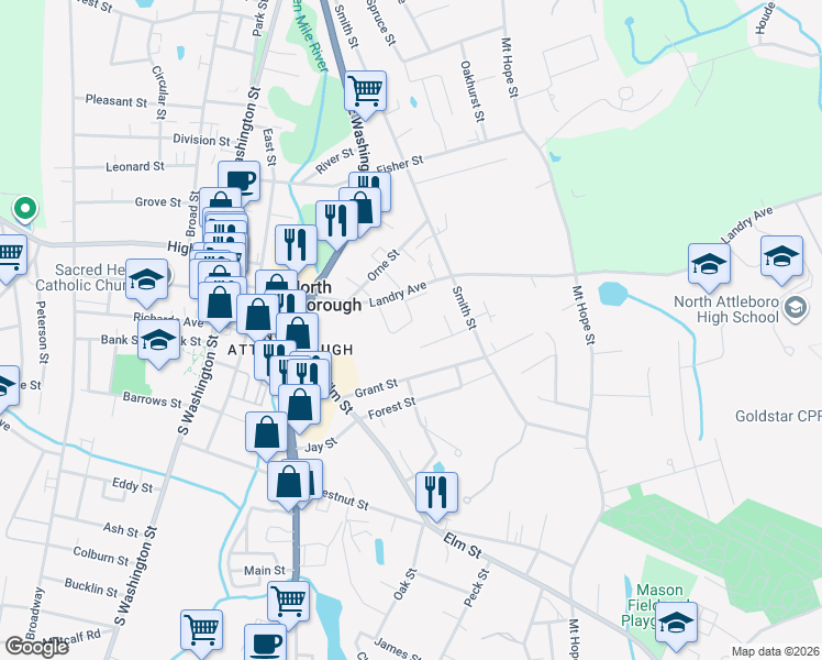map of restaurants, bars, coffee shops, grocery stores, and more near 42 2nd Avenue in North Attleborough