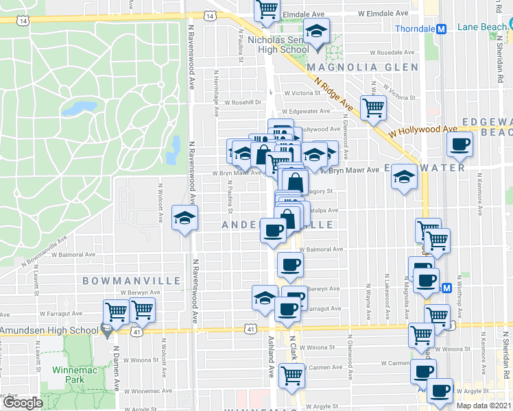 map of restaurants, bars, coffee shops, grocery stores, and more near 1618 West Catalpa Avenue in Chicago