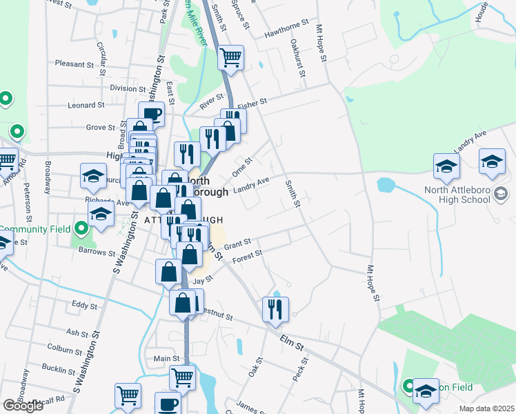 map of restaurants, bars, coffee shops, grocery stores, and more near 42 2nd Avenue in North Attleborough