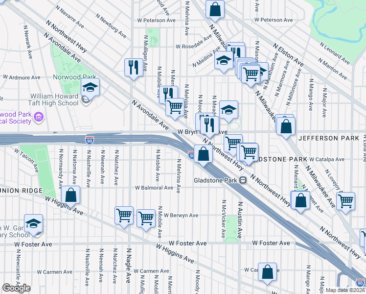 map of restaurants, bars, coffee shops, grocery stores, and more near 5515 North Melvina Avenue in Chicago
