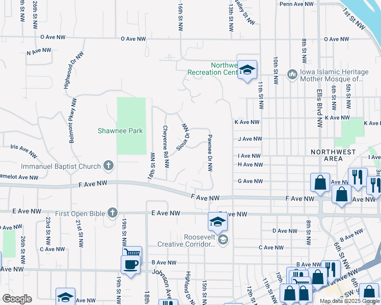map of restaurants, bars, coffee shops, grocery stores, and more near 1013 Sioux Drive Northwest in Cedar Rapids
