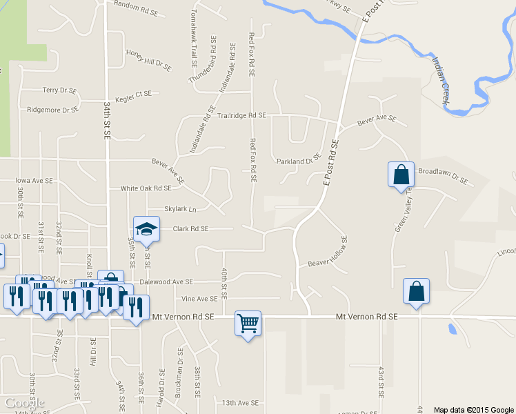 map of restaurants, bars, coffee shops, grocery stores, and more near 436 Red Fox Road Southeast in Cedar Rapids