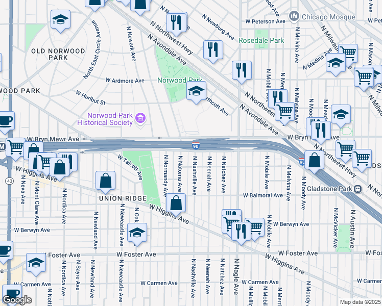 map of restaurants, bars, coffee shops, grocery stores, and more near 5526 North Nashville Avenue in Chicago