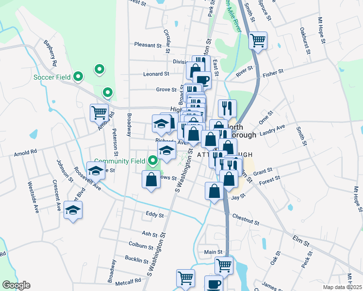 map of restaurants, bars, coffee shops, grocery stores, and more near 16 Richards Avenue in North Attleborough