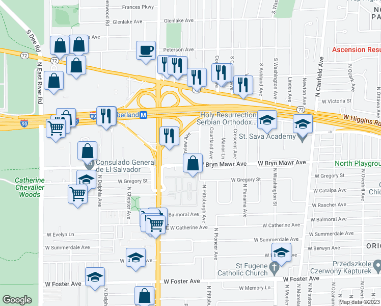 map of restaurants, bars, coffee shops, grocery stores, and more near 5615 Fairview Avenue in Chicago