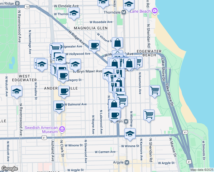 map of restaurants, bars, coffee shops, grocery stores, and more near 5502 North Magnolia Avenue in Chicago