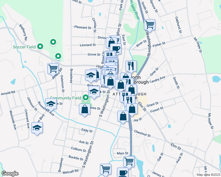 map of restaurants, bars, coffee shops, grocery stores, and more near 6 South Washington Street in North Attleborough