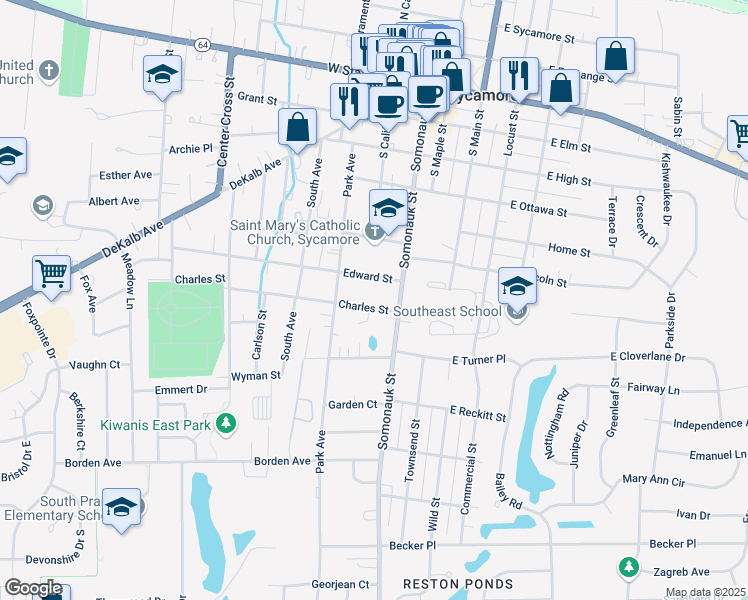 map of restaurants, bars, coffee shops, grocery stores, and more near 229 Charles Street in Sycamore