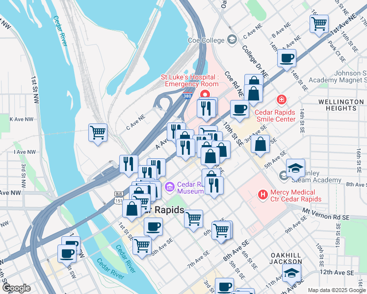 map of restaurants, bars, coffee shops, grocery stores, and more near 700 1st Avenue Southeast in Cedar Rapids