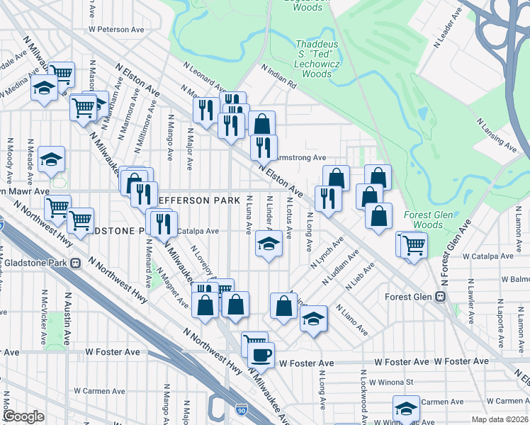 map of restaurants, bars, coffee shops, grocery stores, and more near 5526 North Linder Avenue in Chicago