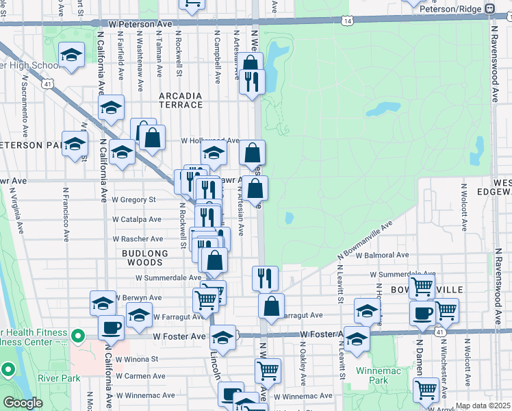 map of restaurants, bars, coffee shops, grocery stores, and more near 5514 North Western Avenue in Chicago