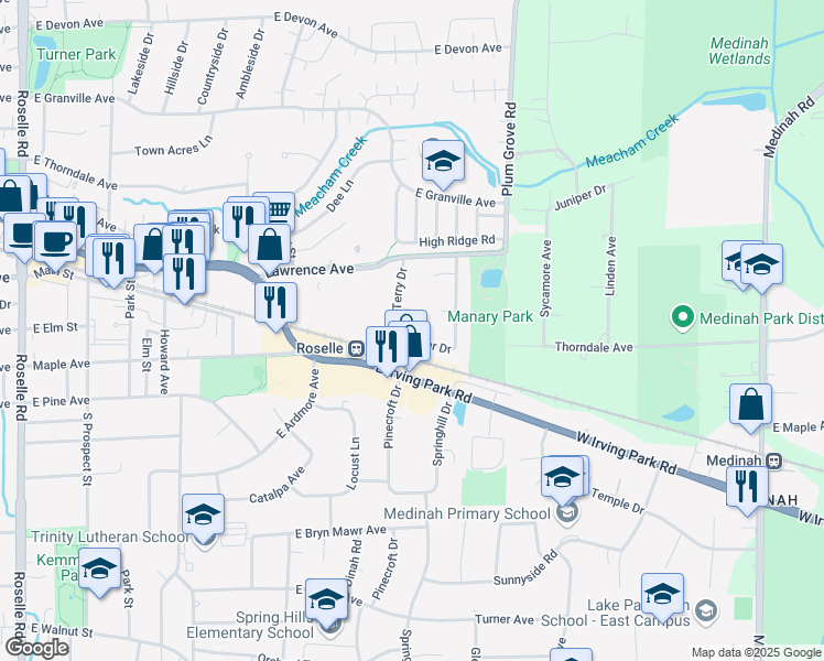 map of restaurants, bars, coffee shops, grocery stores, and more near 628 Rosner Drive in Roselle
