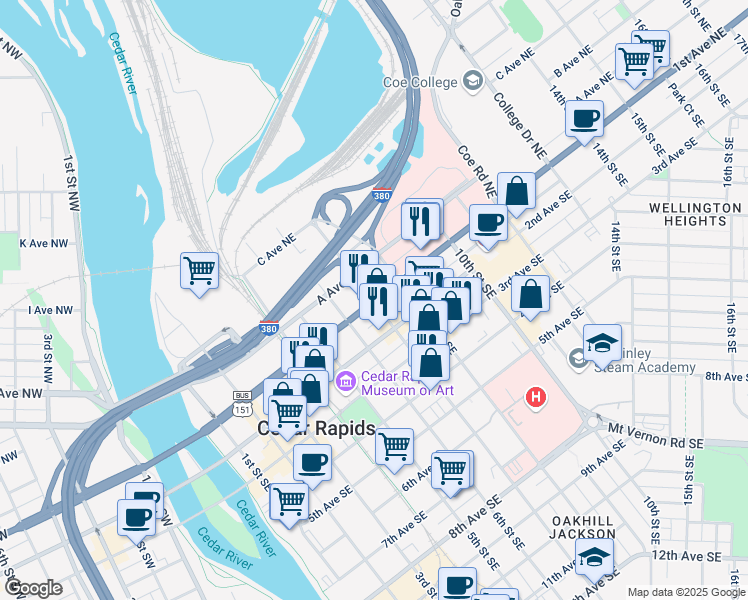 map of restaurants, bars, coffee shops, grocery stores, and more near 700 1st Avenue Southeast in Cedar Rapids