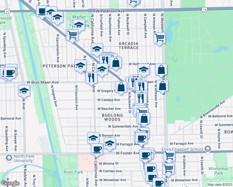 map of restaurants, bars, coffee shops, grocery stores, and more near 2645 West Gregory Street in Chicago
