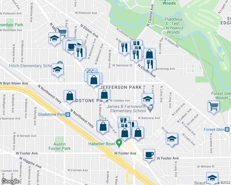 map of restaurants, bars, coffee shops, grocery stores, and more near 5528 North Major Avenue in Chicago